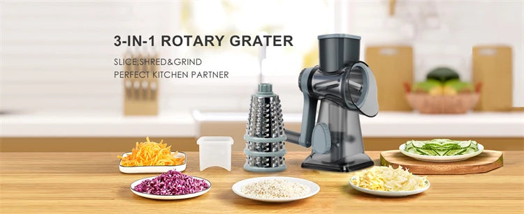 3-in-1 Rotary Cheese Grater-Manual Vegetable Slicer-Nut Grinder