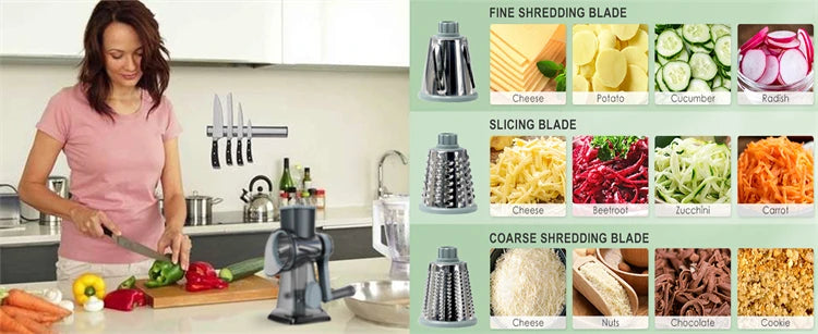 3-in-1 Rotary Cheese Grater-Manual Vegetable Slicer-Nut Grinder
